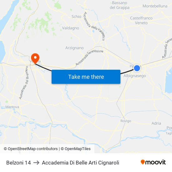 Belzoni 14 to Accademia Di Belle Arti Cignaroli map