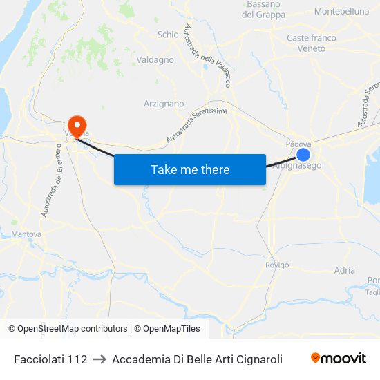Facciolati 112 to Accademia Di Belle Arti Cignaroli map