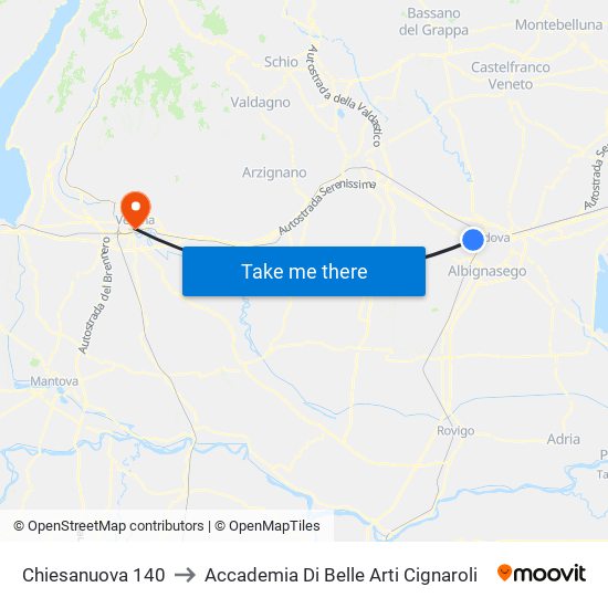 Chiesanuova 140 to Accademia Di Belle Arti Cignaroli map