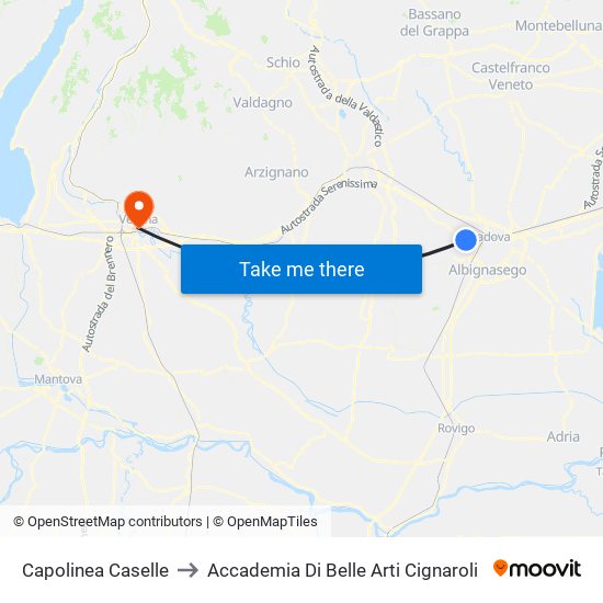Capolinea Caselle to Accademia Di Belle Arti Cignaroli map