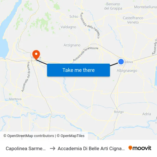 Capolinea Sarmeola to Accademia Di Belle Arti Cignaroli map
