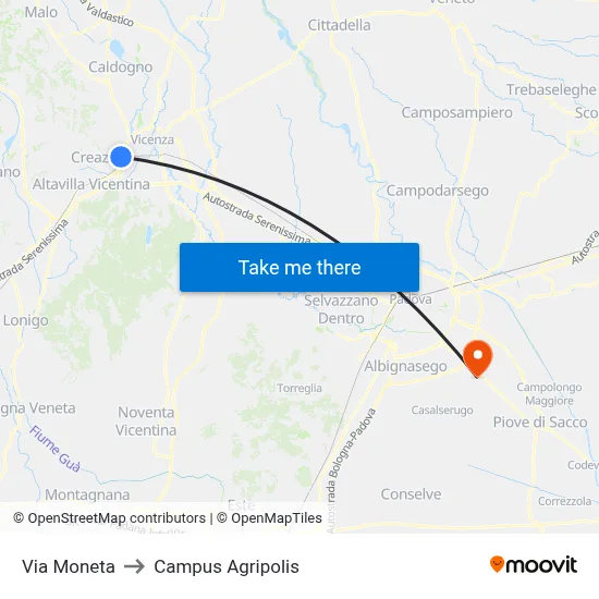 Moneta Street to Agripolis Campus map