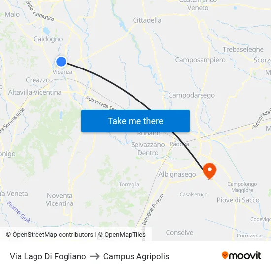 Lago Di Fogliano Street to Agripolis Campus map