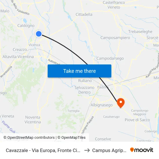 Cavazzale - Europa Street, Opposite No.175 to Agripolis Campus map