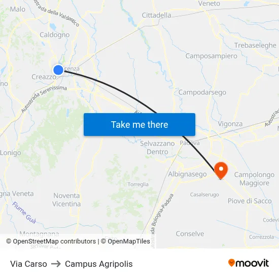 Carso Street to Agripolis Campus map