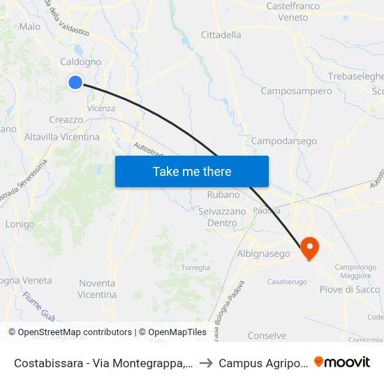 Costabissara - Via Montegrappa, 70 to Agripolis Campus map