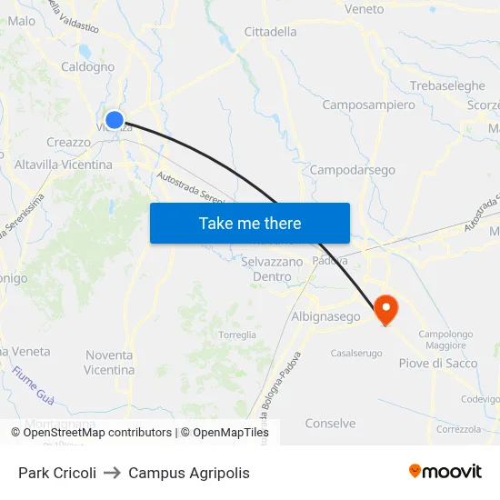 Park Cricoli to Agripolis Campus map