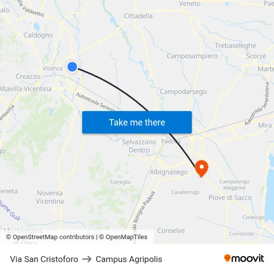 San Cristoforo Street to Agripolis Campus map
