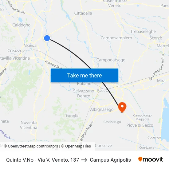 Quinto - V. Veneto Street, 137 to Agripolis Campus map