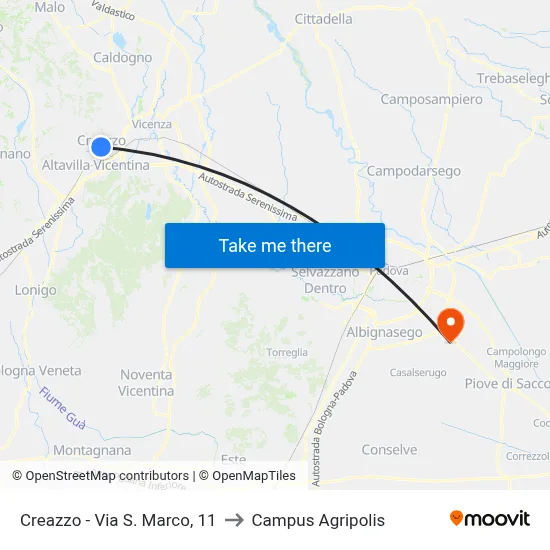 Creazzo - Via S. Marco, 11 to Agripolis Campus map
