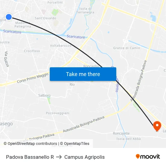 Padova Bassanello R to Agripolis Campus map