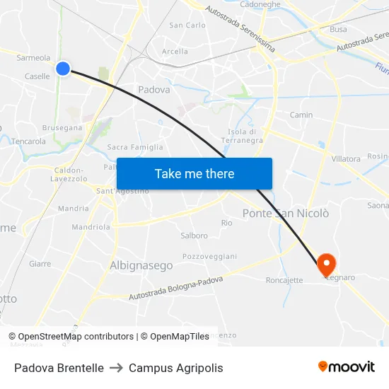 Padova Brentelle to Agripolis Campus map