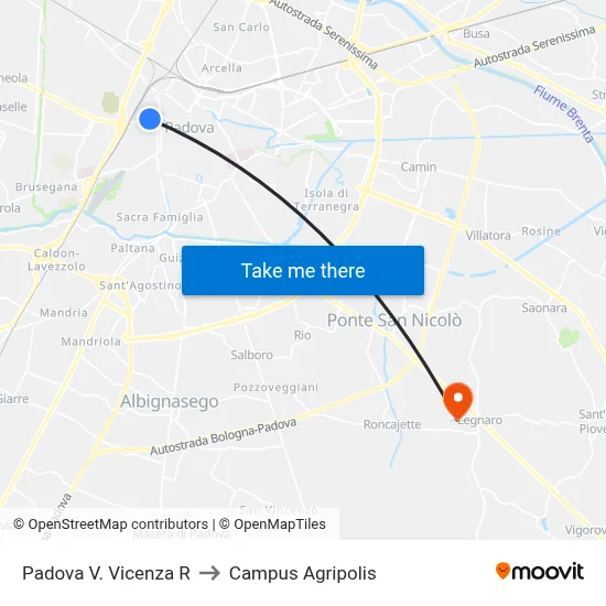 Padova Via Vicenza R to Agripolis Campus map