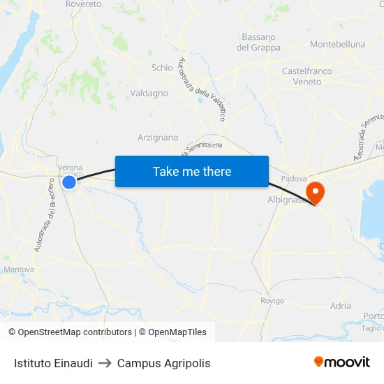 Einaudi Institute to Agripolis Campus map