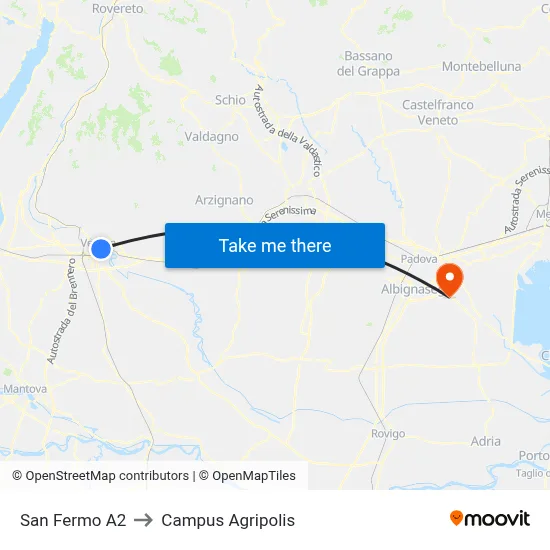 San Fermo A2 to Agripolis Campus map