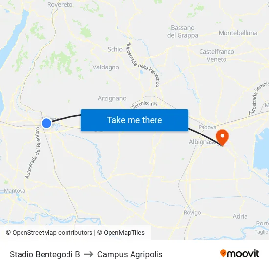 Bentegodi Stadium B to Agripolis Campus map