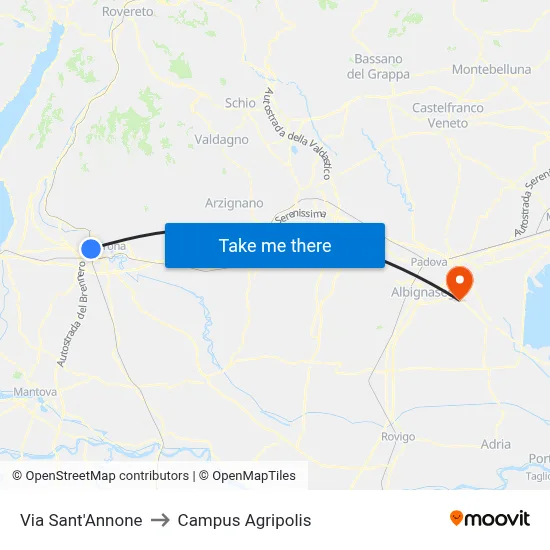 Sant'Annone Street to Agripolis Campus map