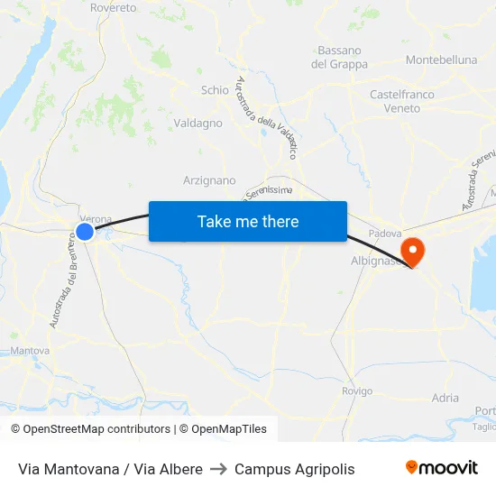 Mantovana Street / Albere Street to Agripolis Campus map