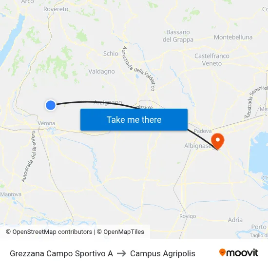 Grezzana Sports Field A to Agripolis Campus map