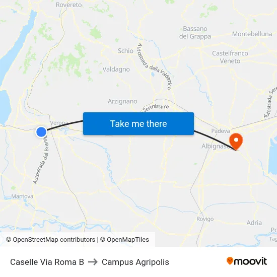 Caselle Roma Street B to Agripolis Campus map