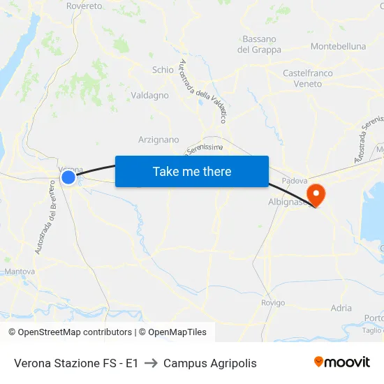 Verona Railway Station - E1 to Agripolis Campus map