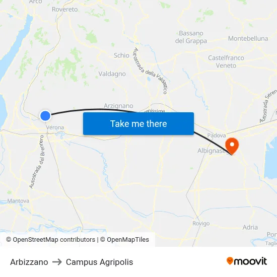 Arbizzano to Agripolis Campus map