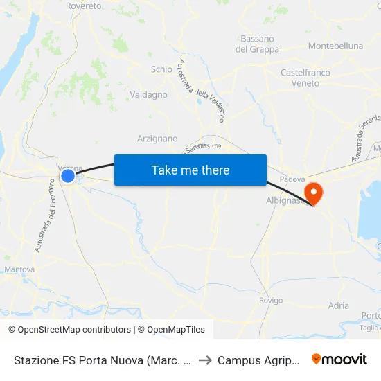 Porta Nuova Railway Station (Platform B3) to Agripolis Campus map