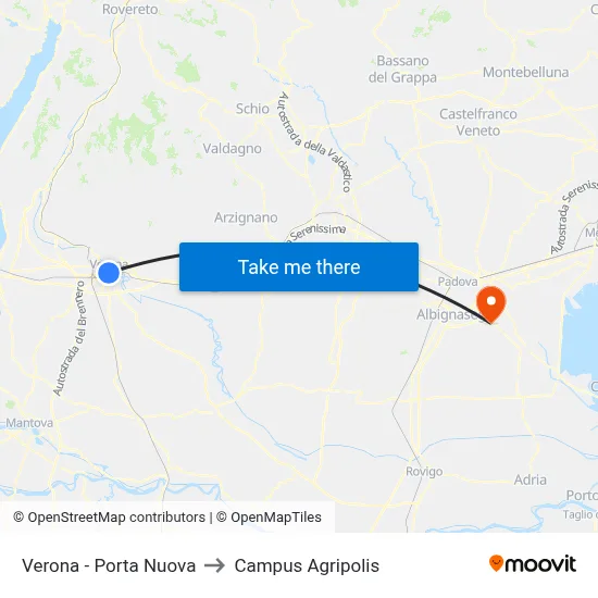 Verona - Porta Nuova to Agripolis Campus map