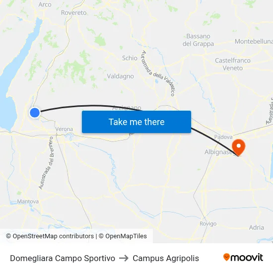 Domegliara Sports Field to Agripolis Campus map