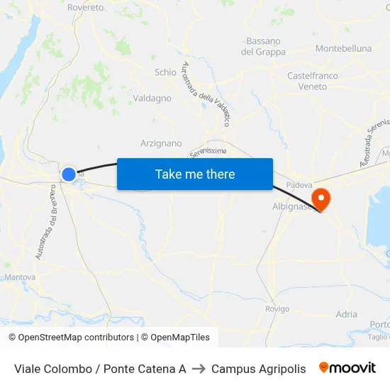 Viale Colombo / Ponte Catena A to Agripolis Campus map