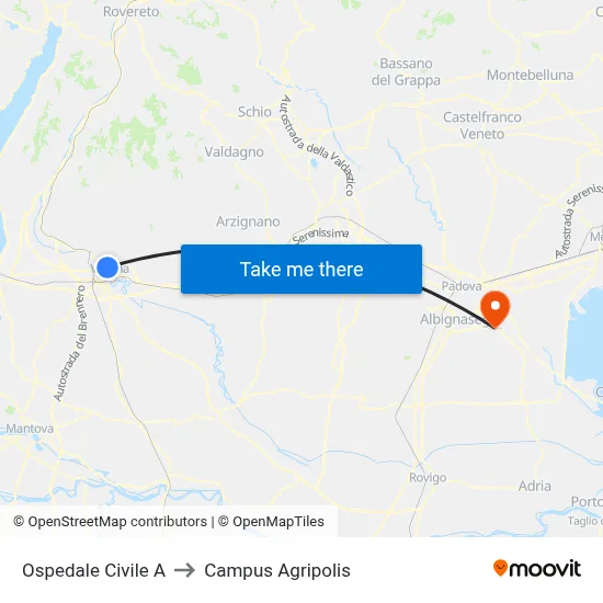 Civil Hospital A to Agripolis Campus map