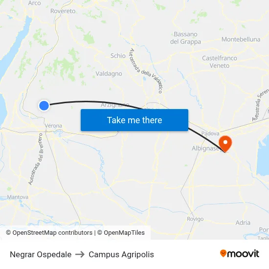 Negrar Hospital to Agripolis Campus map