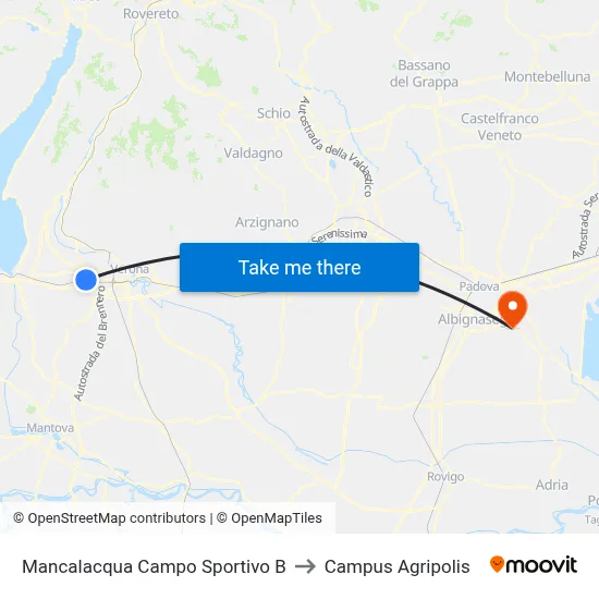Mancalacqua Sports Field B to Agripolis Campus map