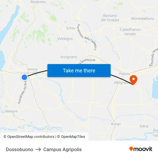 Dossobuono to Agripolis Campus map
