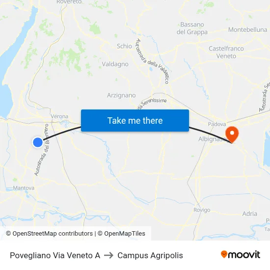Povegliano Veneto Street A to Agripolis Campus map