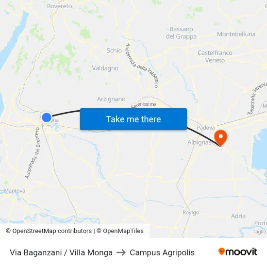 Via Baganzani / Villa Monga to Agripolis Campus map