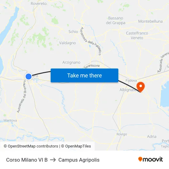 Corso Milano VI B to Agripolis Campus map