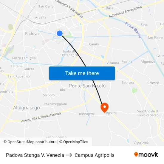 Padova Stanga Venice Road to Agripolis Campus map