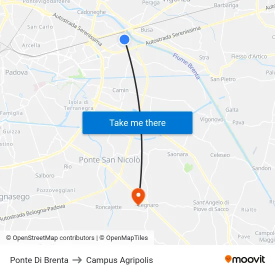 Ponte Di Brenta to Agripolis Campus map