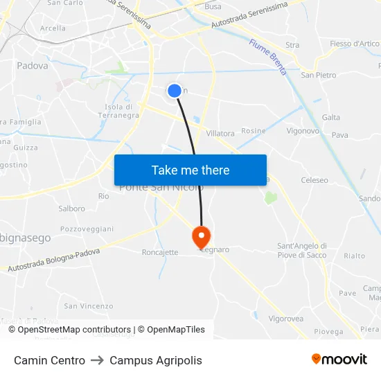 Camin Center to Agripolis Campus map