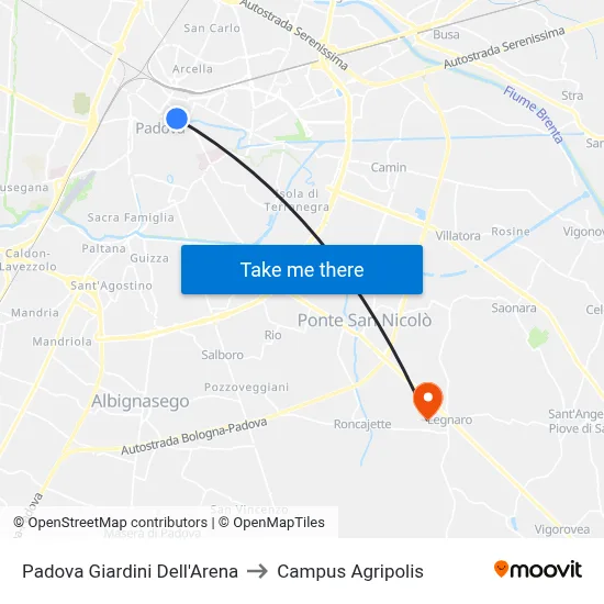 Padova Arena Gardens to Agripolis Campus map