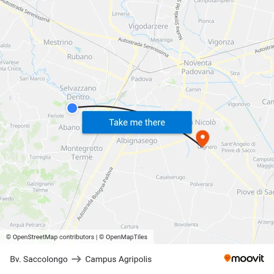 Saccolongo Junction to Agripolis Campus map