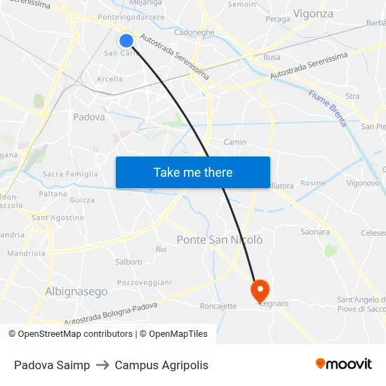 Padova Saimp to Agripolis Campus map