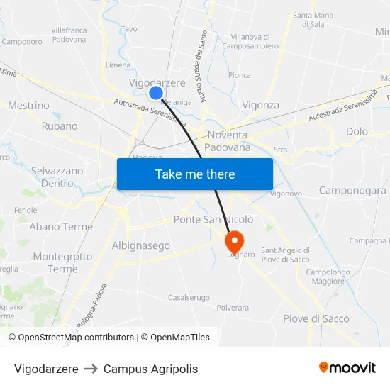 Vigodarzere to Agripolis Campus map