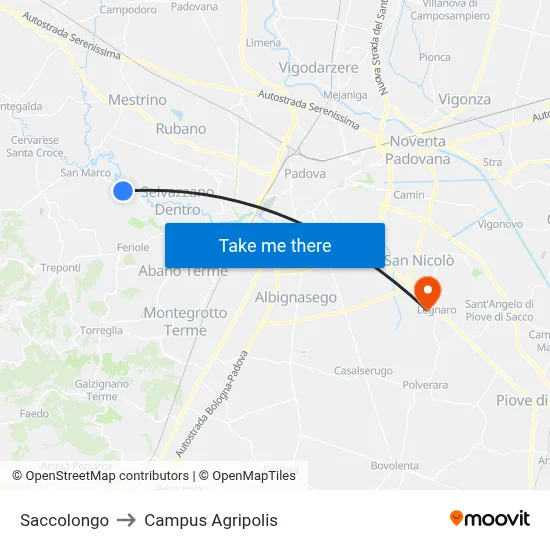 Saccolongo to Agripolis Campus map