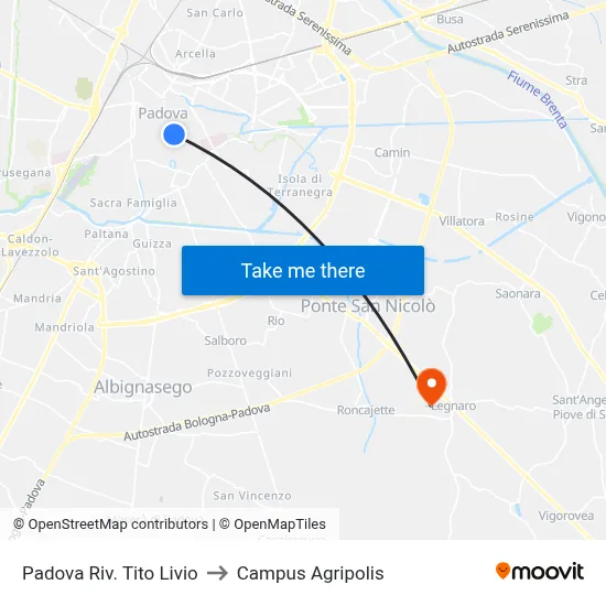 Padua Tito Livio Riverbank to Agripolis Campus map