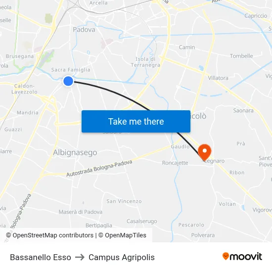 Bassanello Esso to Agripolis Campus map