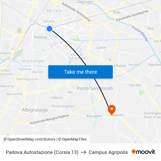 Padova Bus Station (Lane 13) to Agripolis Campus map