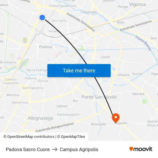 Padova Sacred Heart to Agripolis Campus map