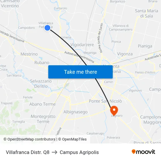 Villafranca Q8 Gas Station to Agripolis Campus map